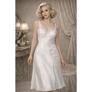 Vintage 50's White Satin Lace Trim Slip Dress Midi Spaghetti Strap Lingerie